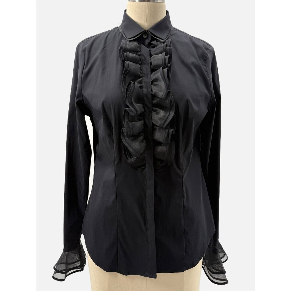 Chic Black Ruffled Women's Button Down Shirt